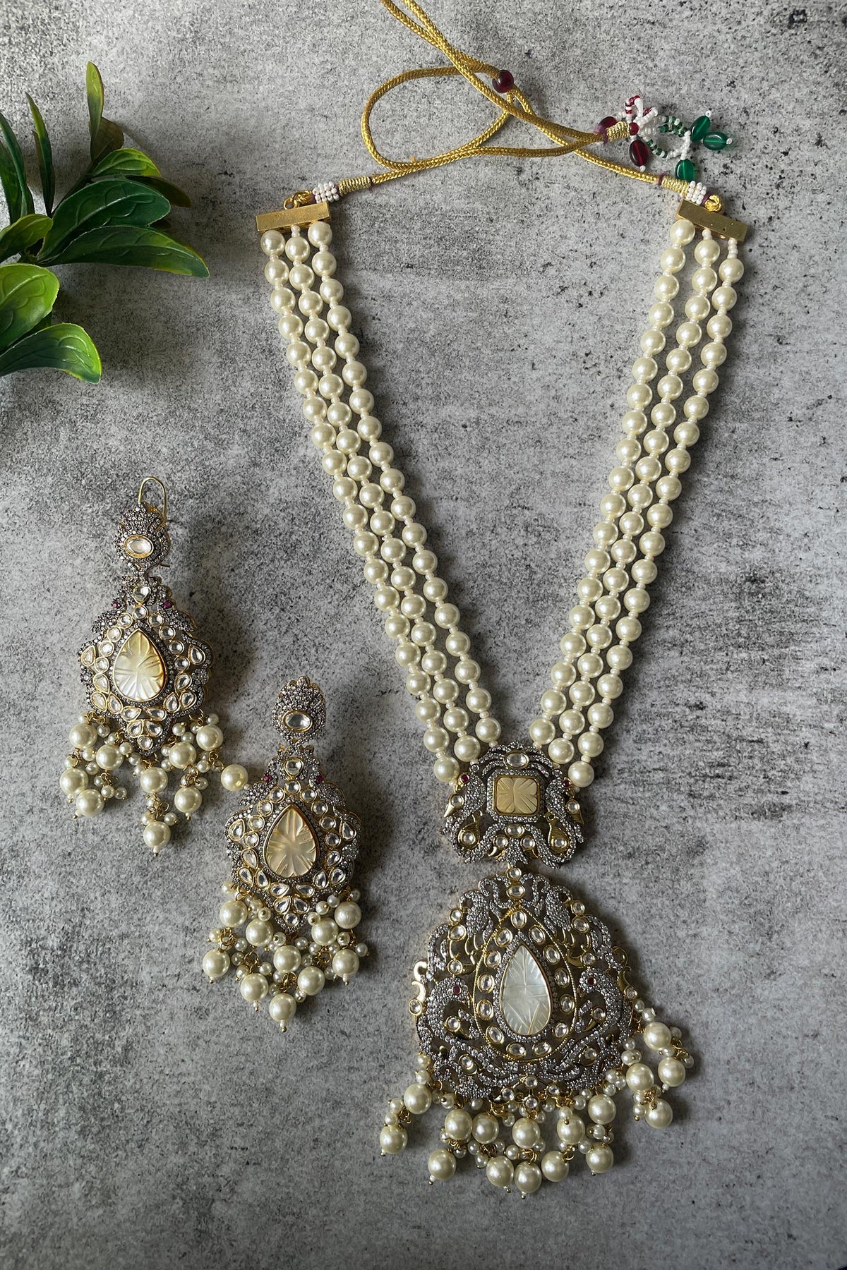 Floral Drop Stone Embellished Pearl Necklace Set 