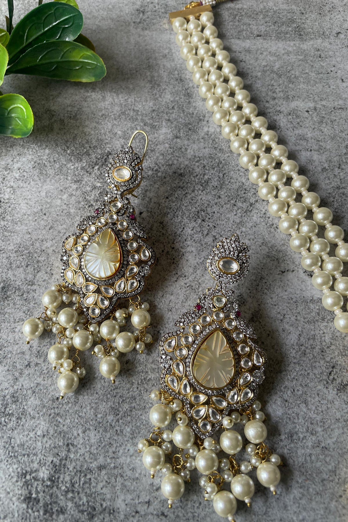 Floral Drop Stone Embellished Pearl Necklace Set 