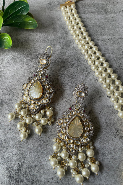 Floral Drop Stone Embellished Pearl Necklace Set 