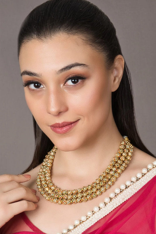 Triple Layer Sona Moti Embellished Necklace 