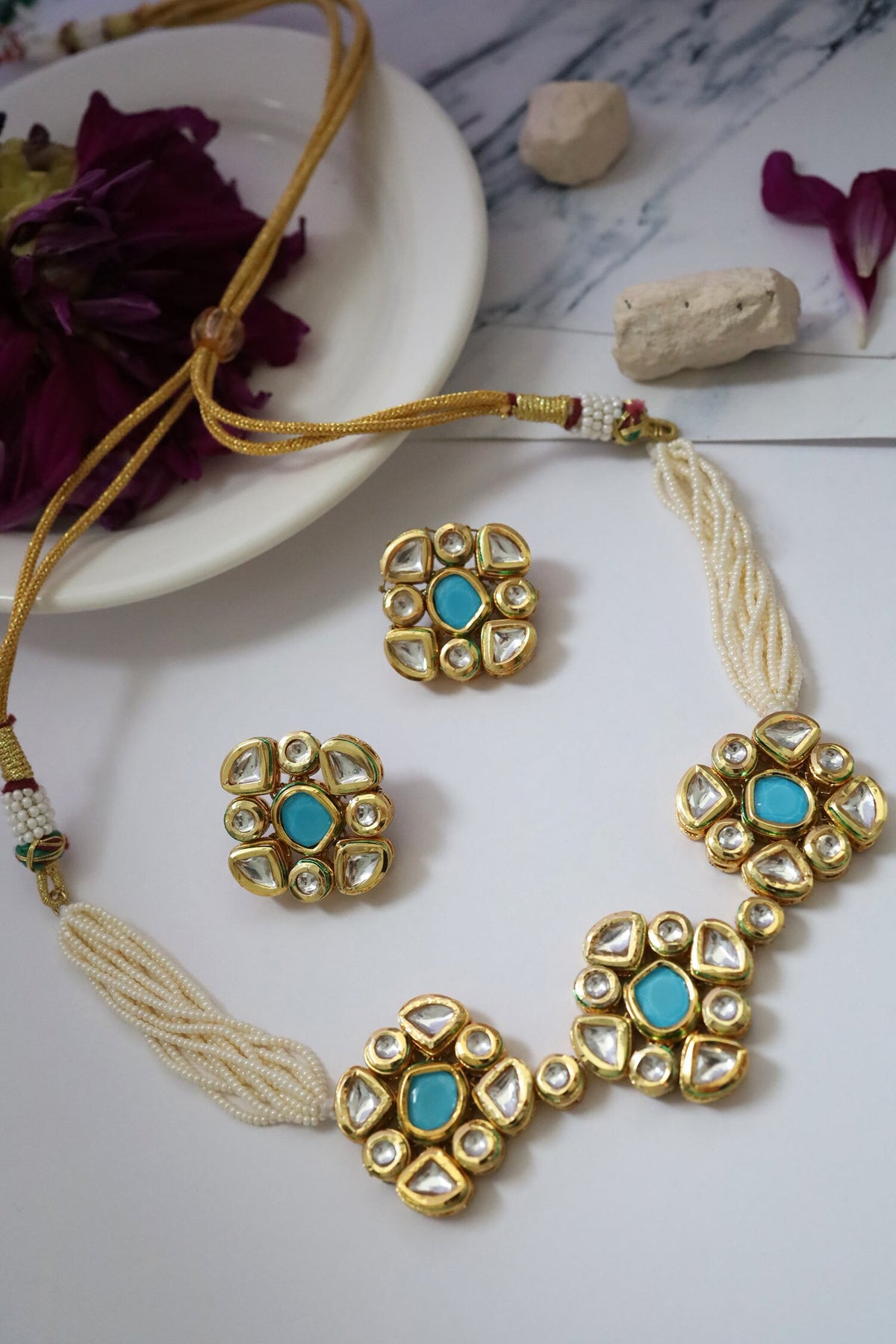 Kundan Embellished Floral Unit Choker Necklace Set 