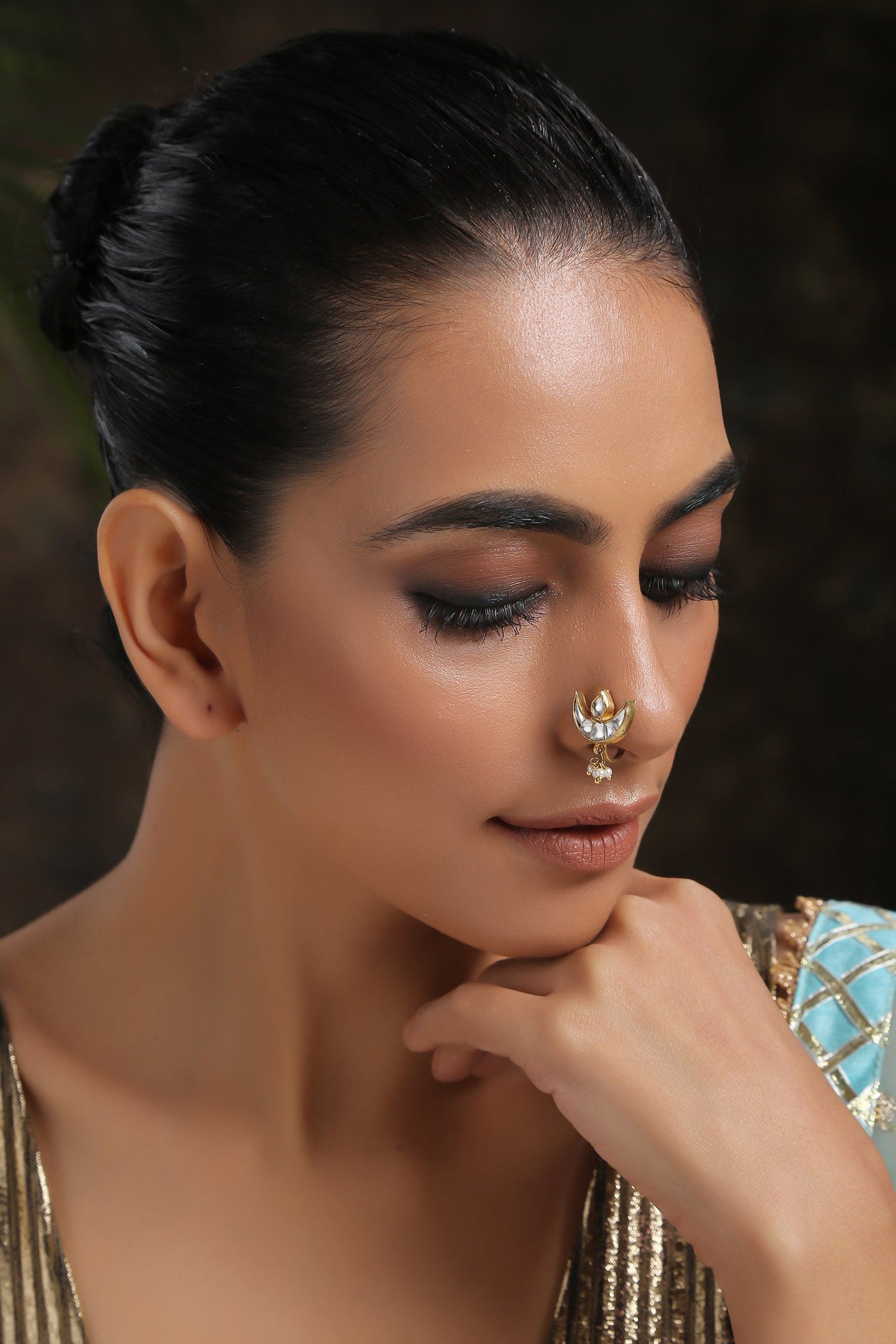 Kundan Embellished Crescent Nose Pin 