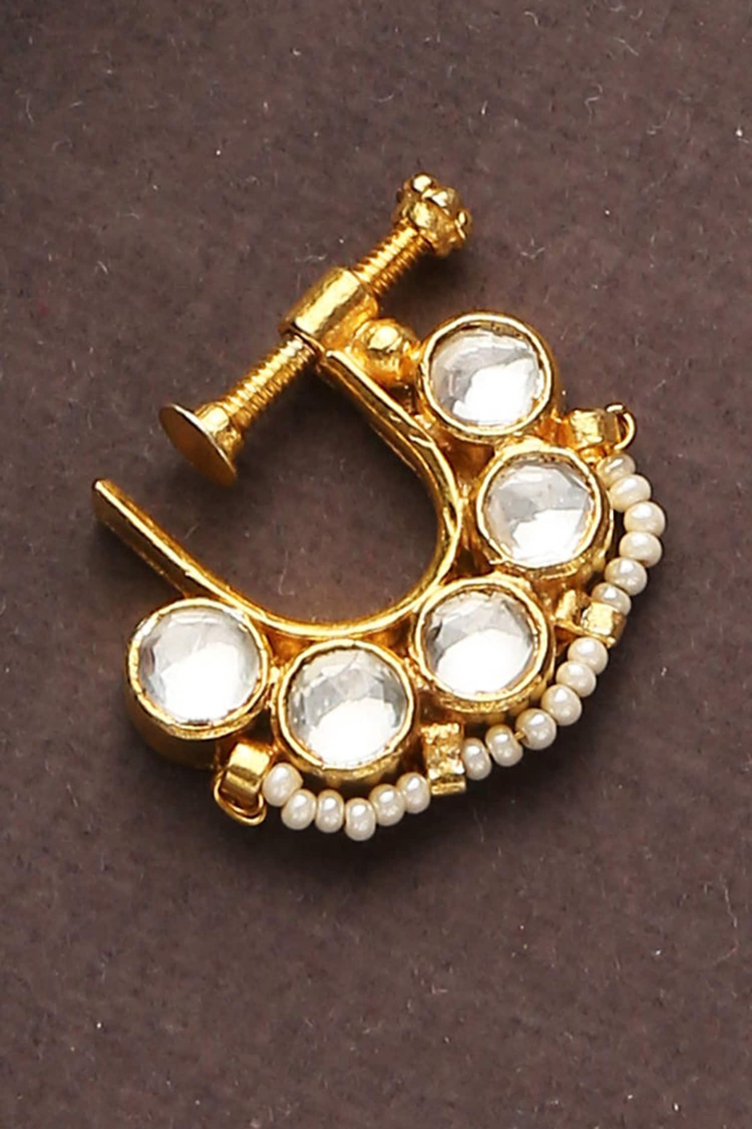 Gold Kundan Pearl Nose Pin 