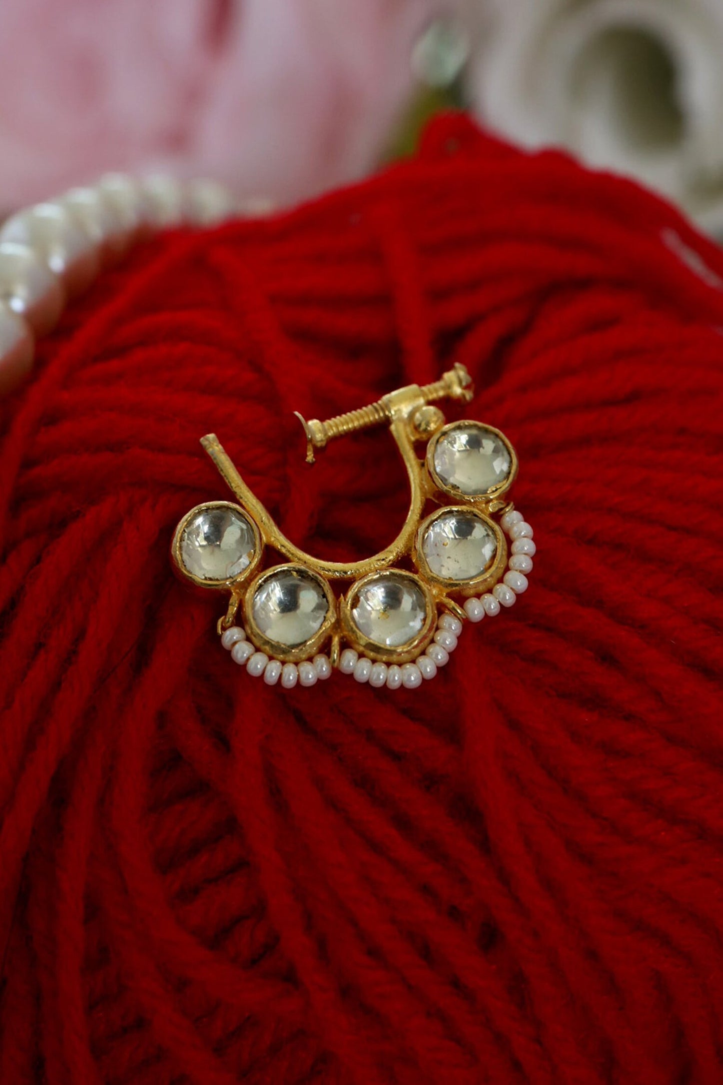 Gold Kundan Pearl Nose Pin 