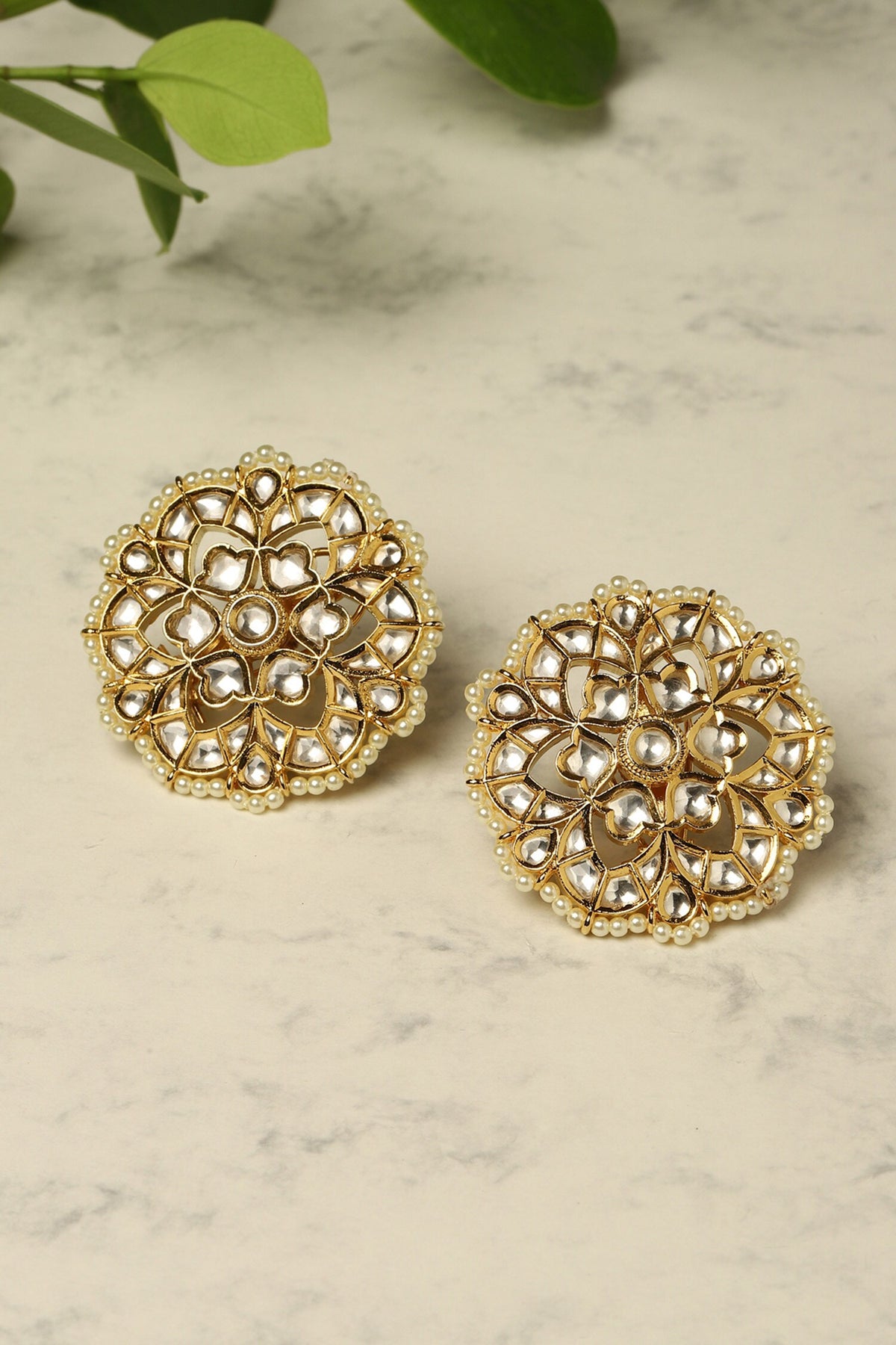 Clear Kundan Studded Floral Studs 