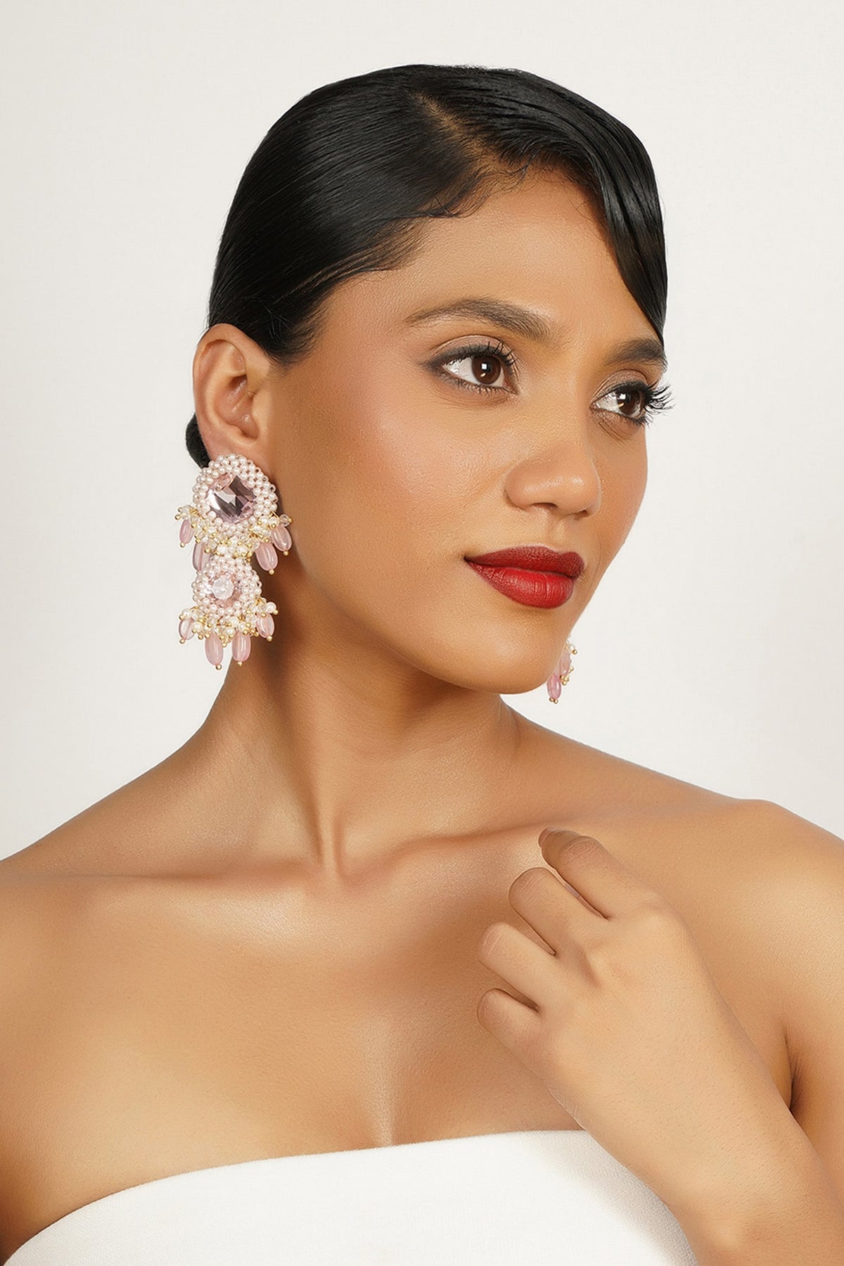 Crystal Embellished Pearl Tassel Chandelier Earrings 