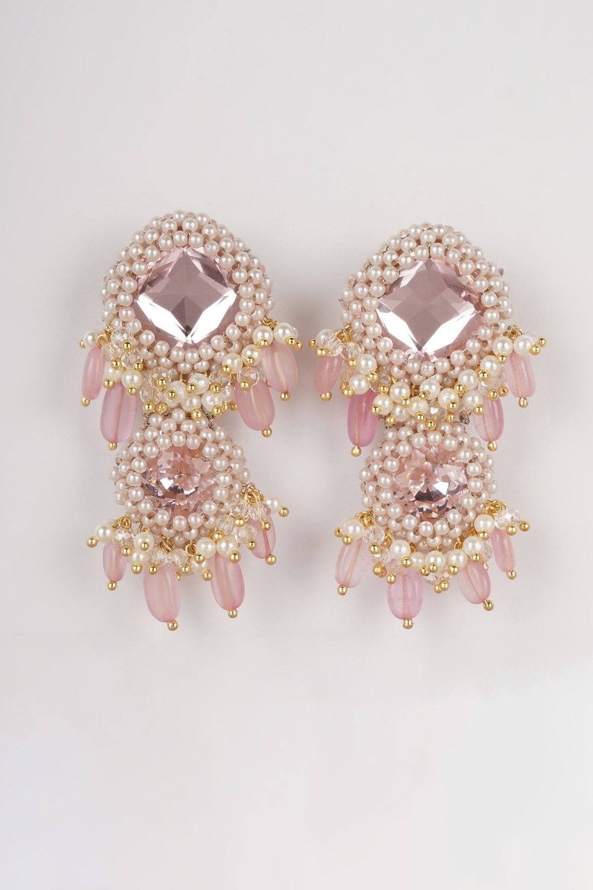 Crystal Embellished Pearl Tassel Chandelier Earrings 