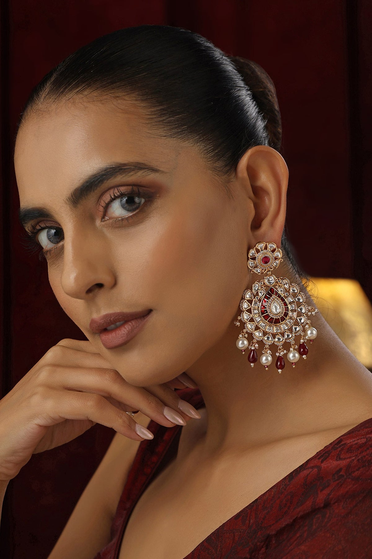 Polki Studded Floral Chandbali Earrings 