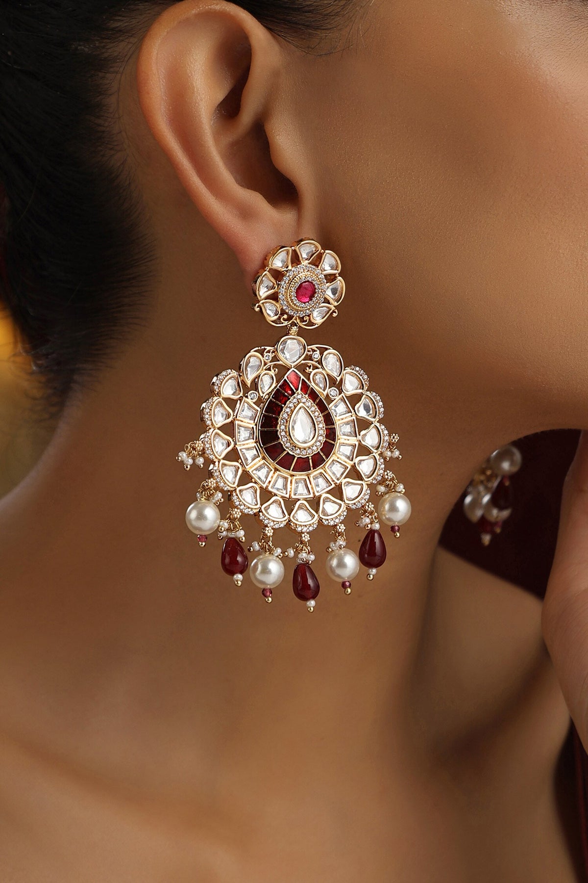 Polki Studded Floral Chandbali Earrings 