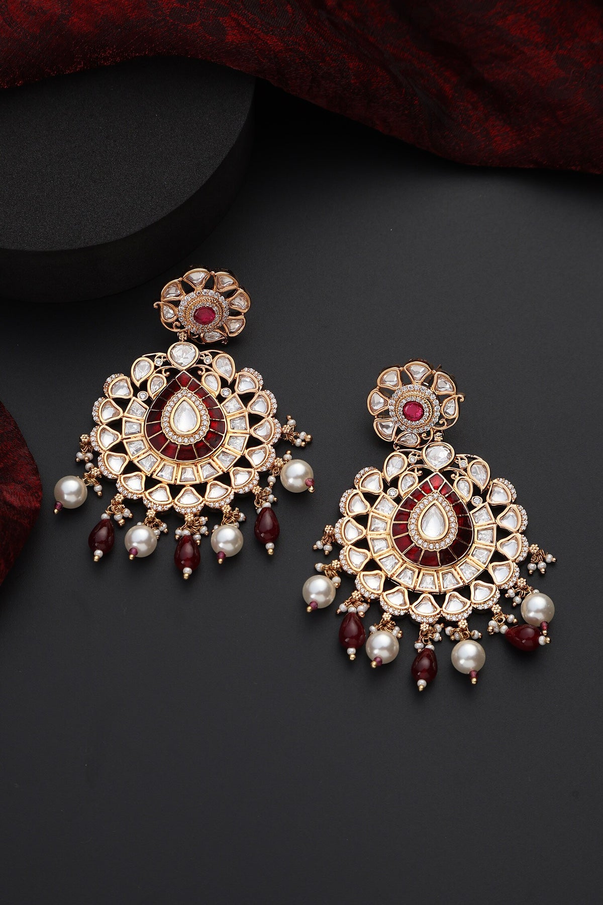 Polki Studded Floral Chandbali Earrings 