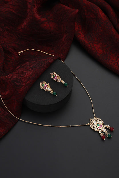 Stone Studded Pendant Chain Necklace Set 