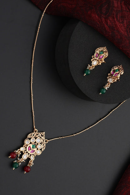 Stone Studded Pendant Chain Necklace Set 