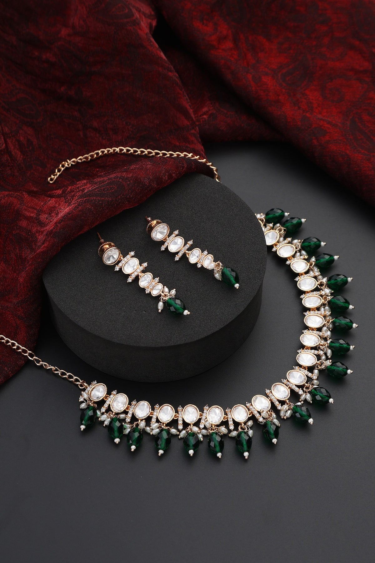 Polki Studded Bead Tassel Choker Set 