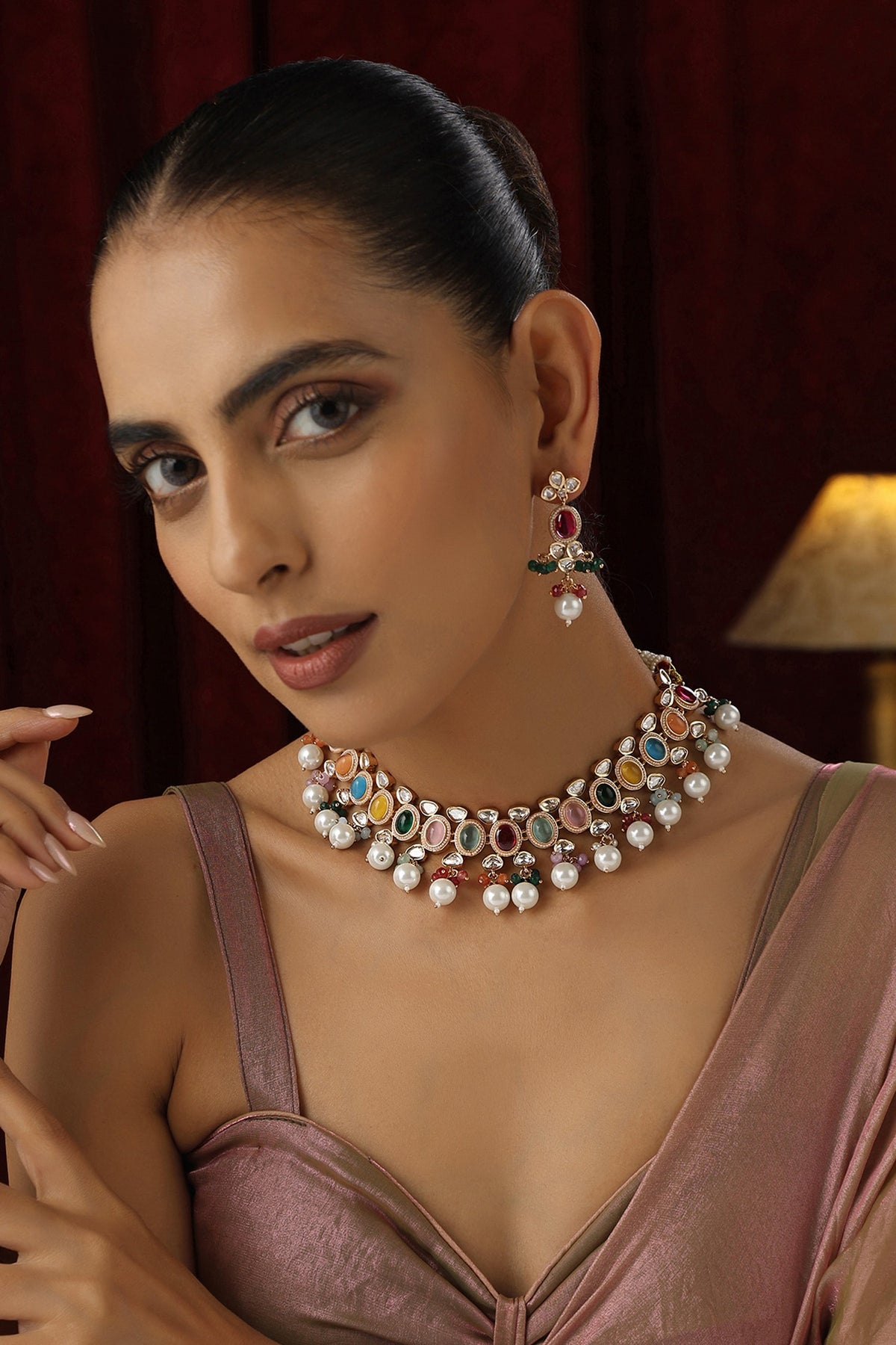 Stone Studded Pearl Tassel Choker Set 