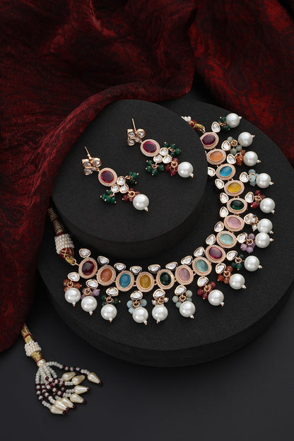Stone Studded Pearl Tassel Choker Set 
