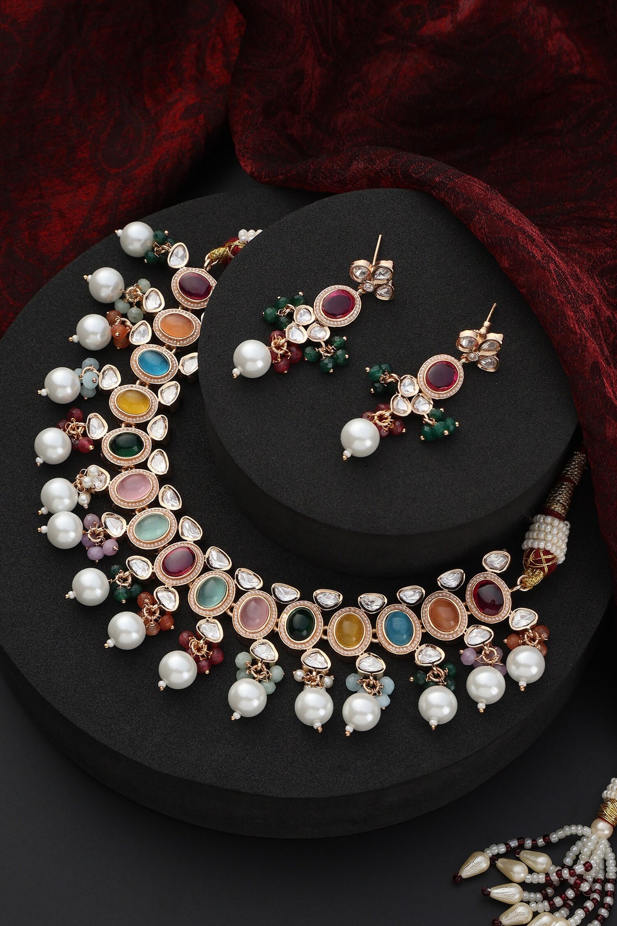 Stone Studded Pearl Tassel Choker Set 