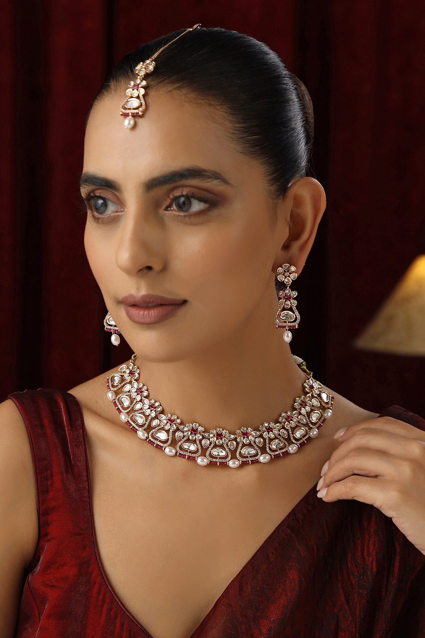 Floral Drop Polki Studded Necklace Set 