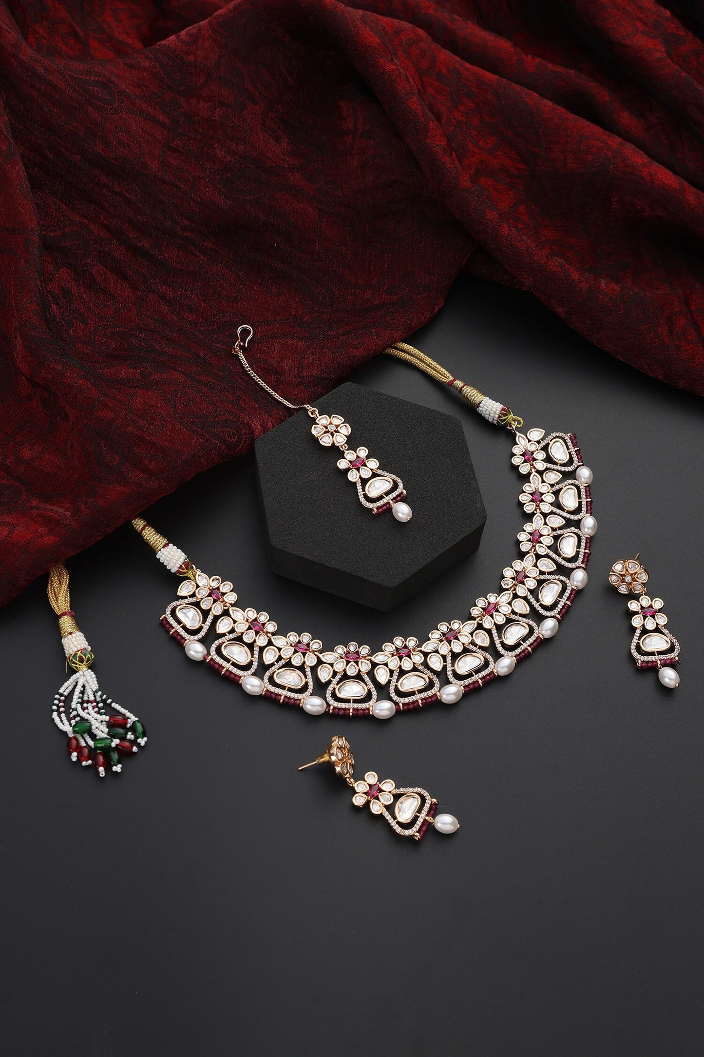 Floral Drop Polki Studded Necklace Set 