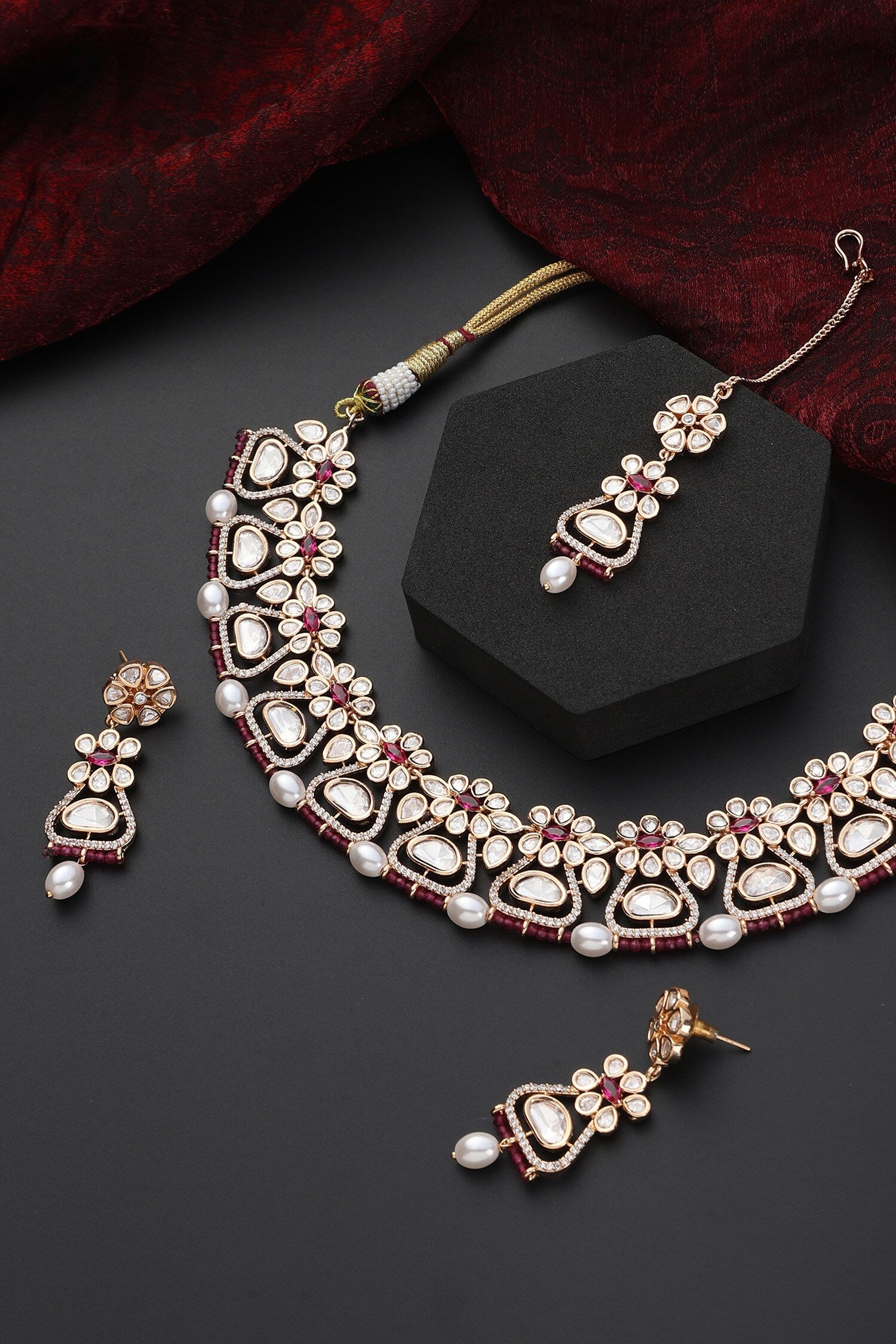 Floral Drop Polki Studded Necklace Set 