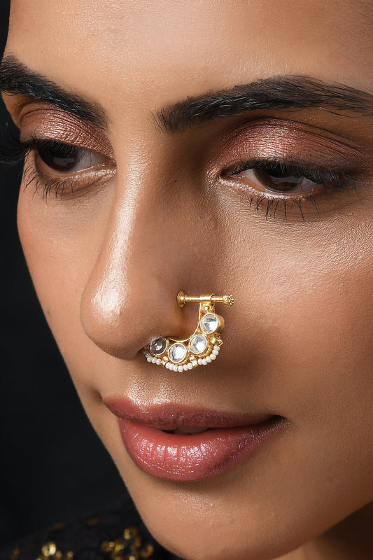 Gold Kundan Pearl Nose Pin 