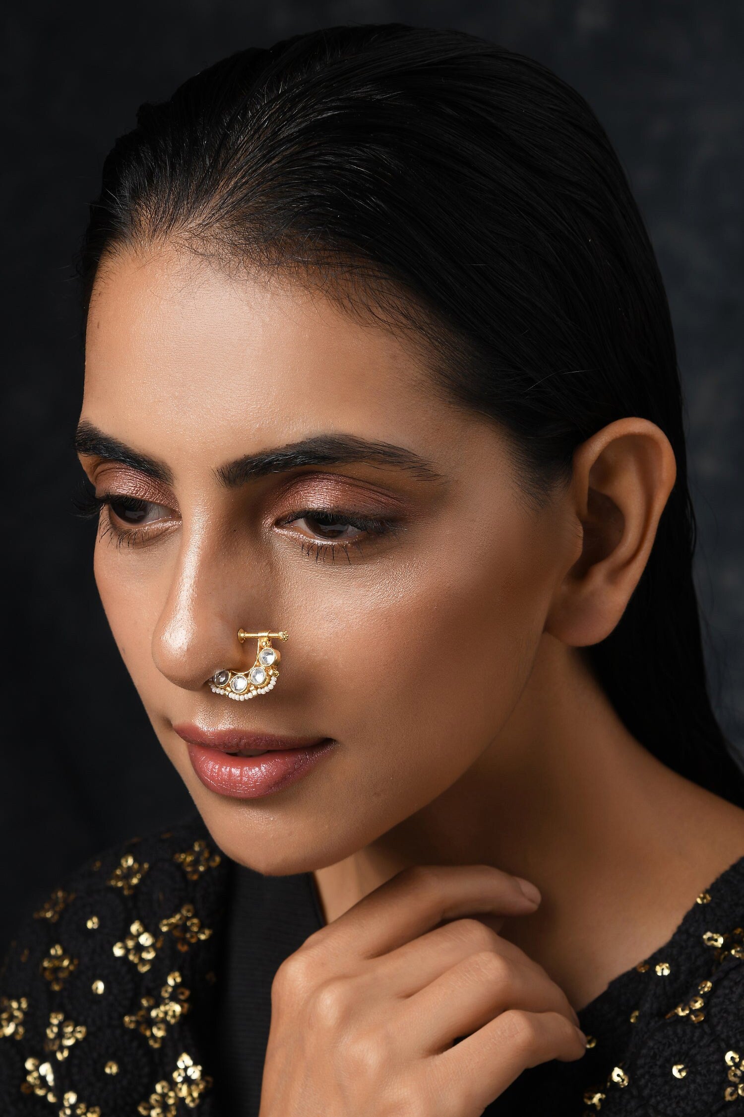 Gold Kundan Pearl Nose Pin 