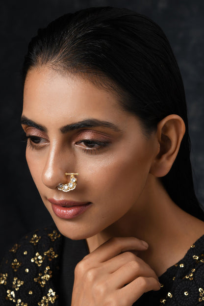 Gold Kundan Pearl Nose Pin 