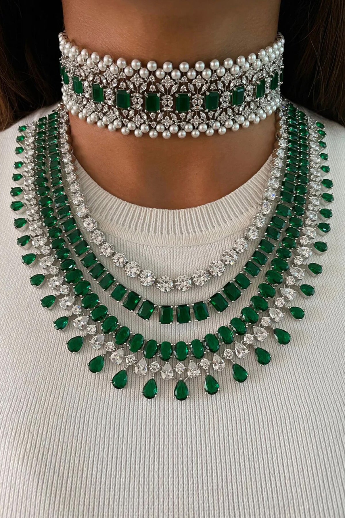 Maharani Emerald Swarovski Choker Layered Necklace Set 