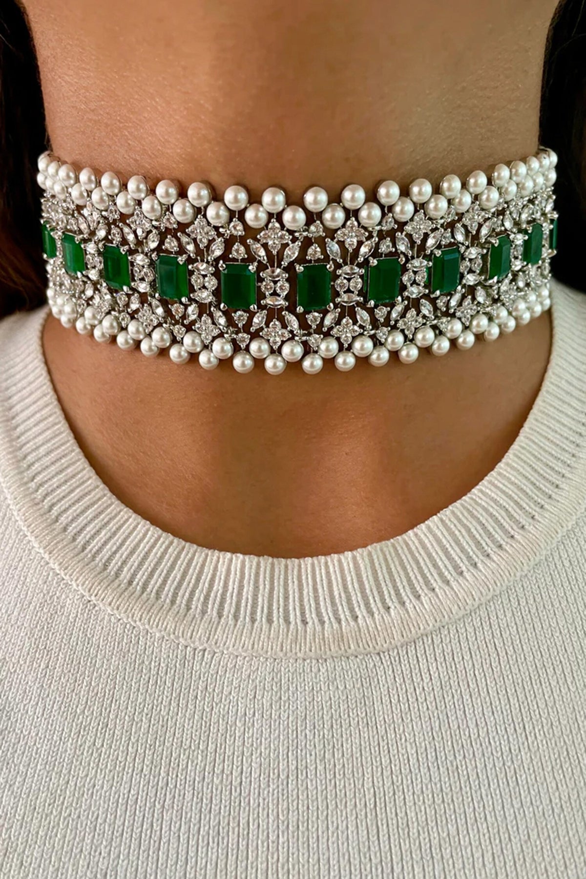Maharani Emerald Swarovski Choker Layered Necklace Set 