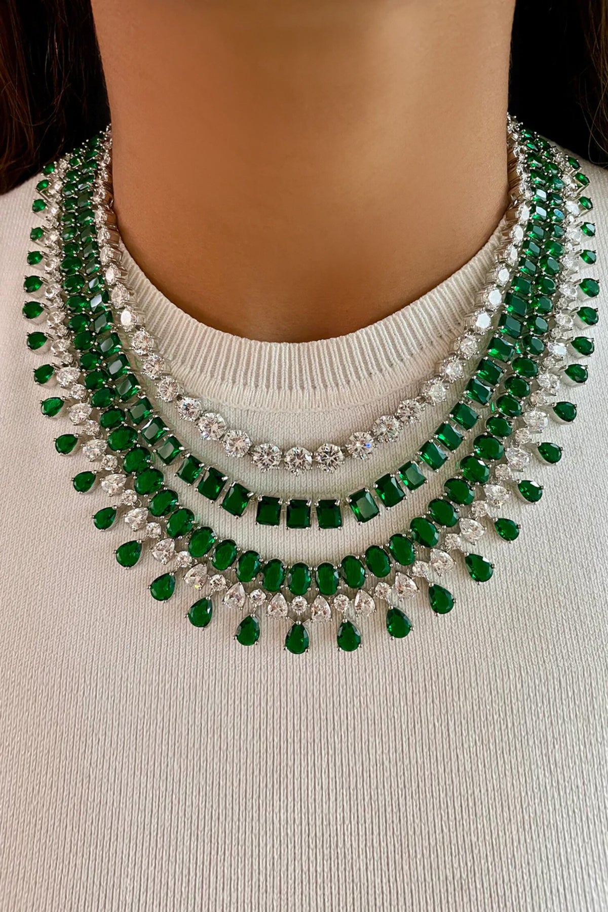 Maharani Emerald Swarovski Choker Layered Necklace Set 