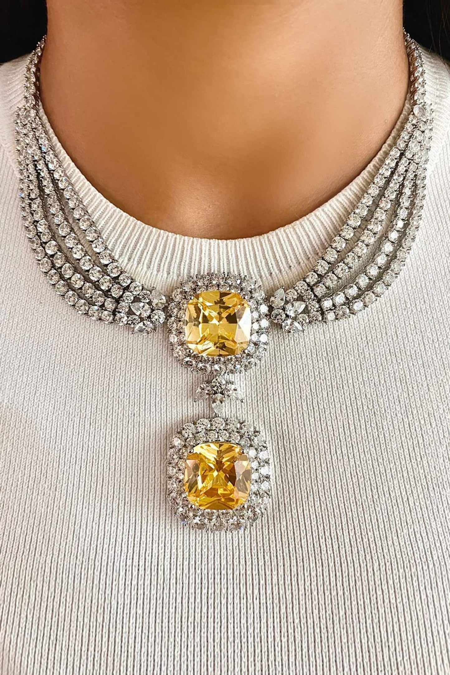 Layered Citrine Dual Drop Necklace Set 