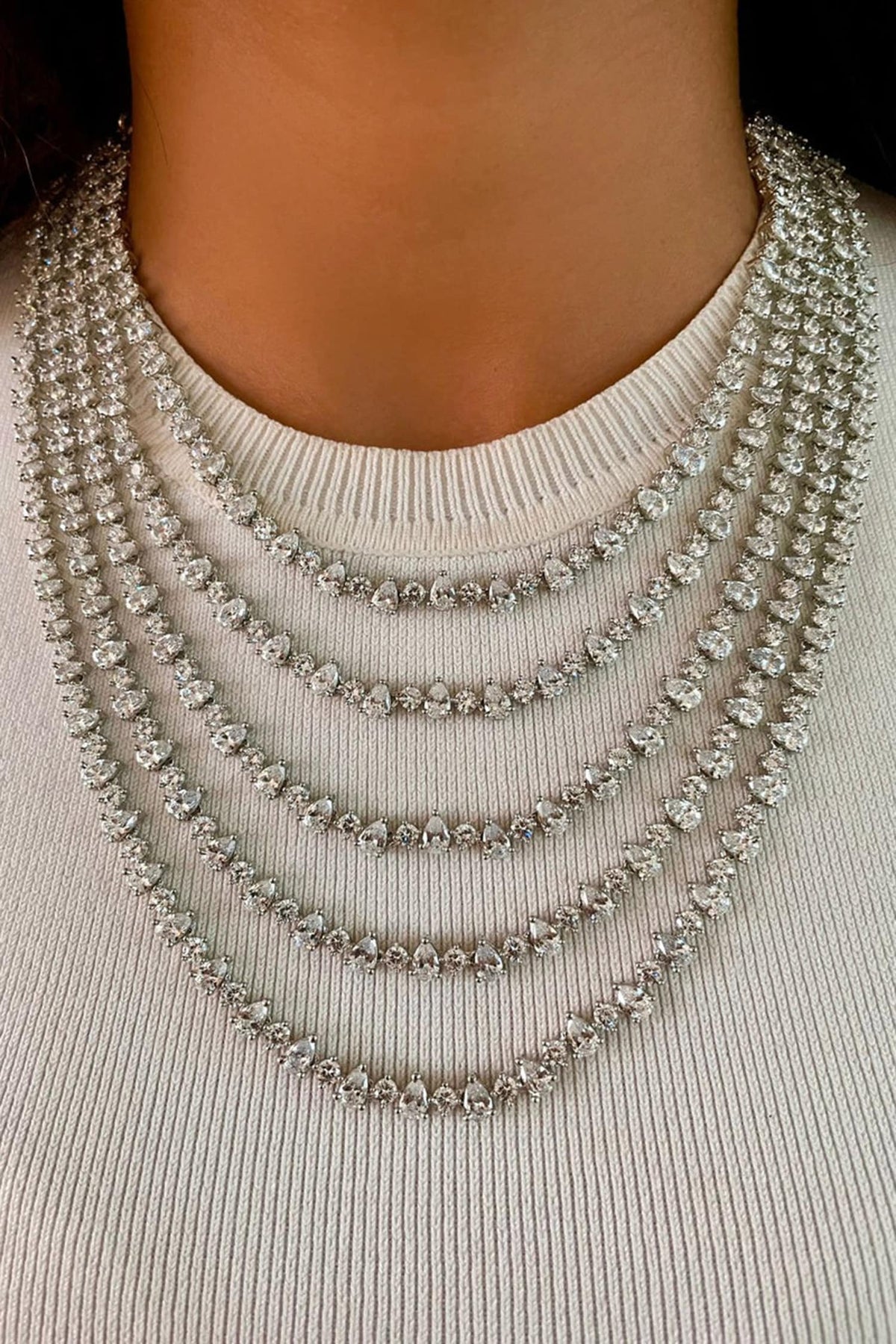 Five Layered Statement Diamonte Long Necklace Set 
