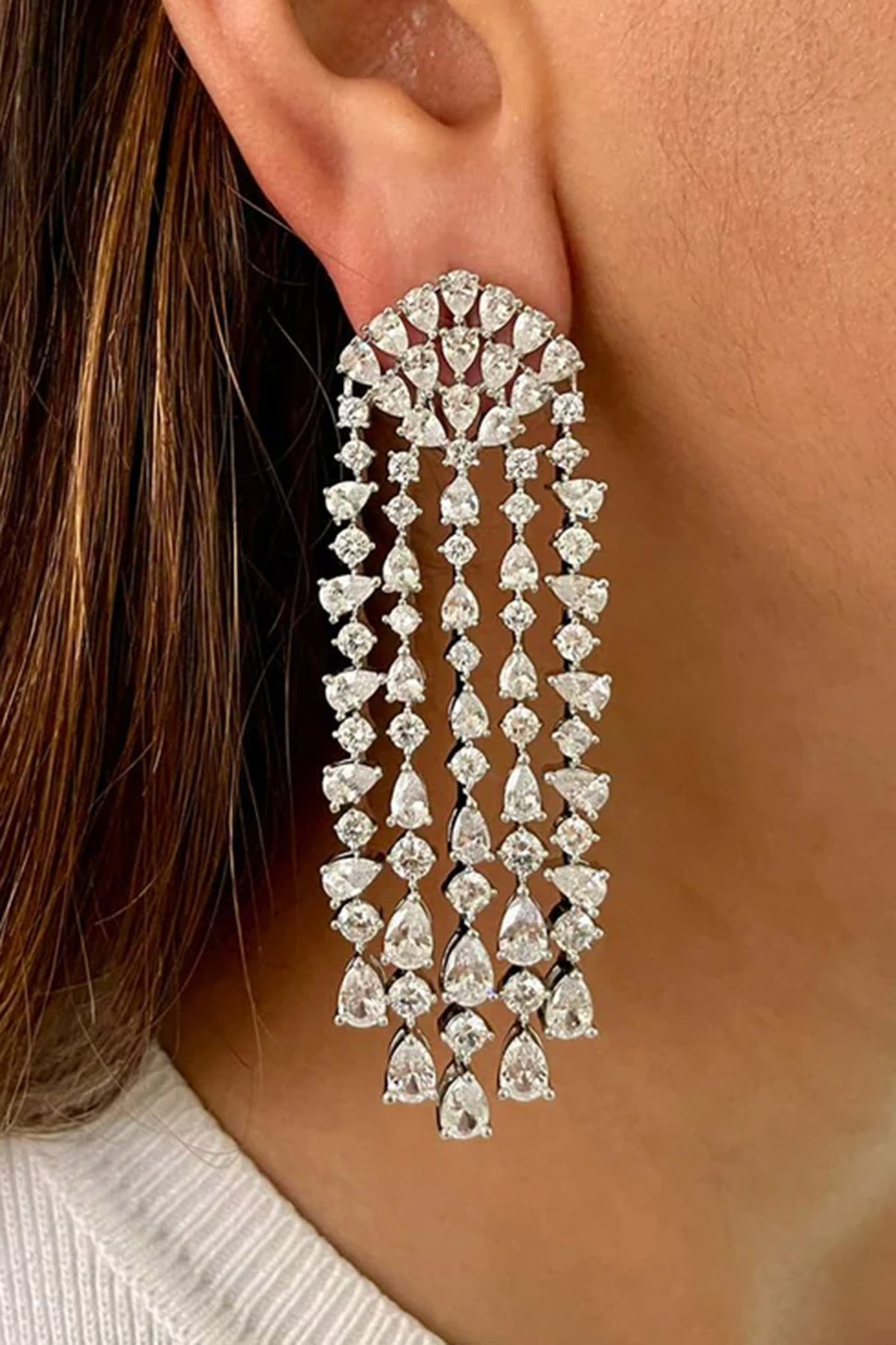 Five Layered Statement Diamonte Long Necklace Set 