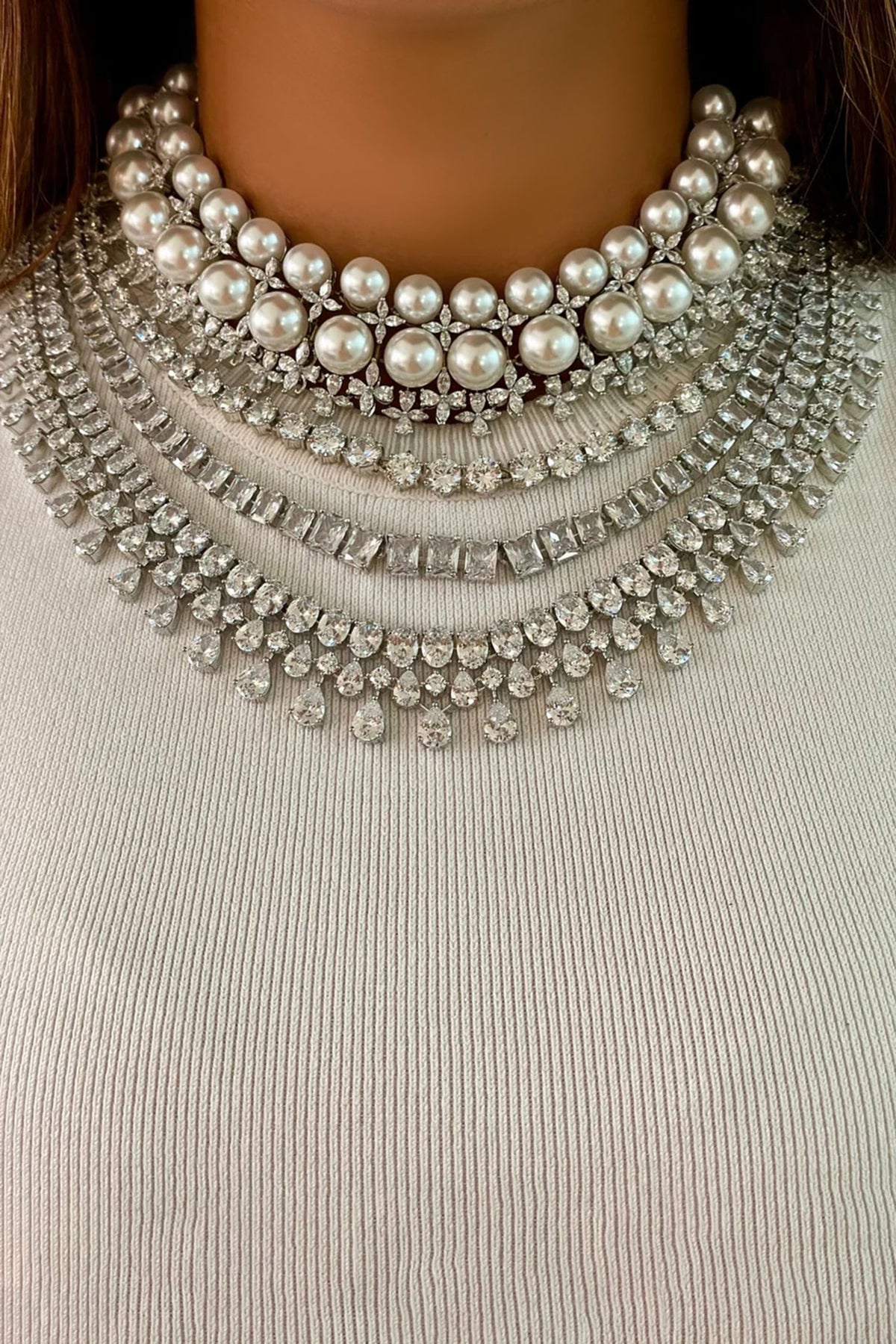 Maharani Four Layered & Pearly Diamonte Necklace Set 
