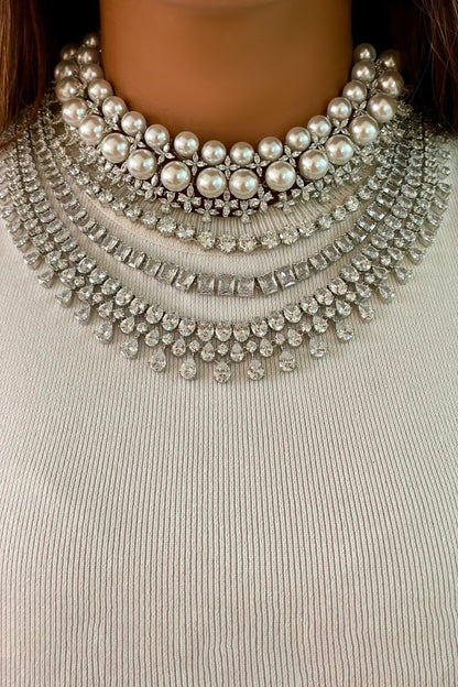 Maharani Four Layered & Pearly Diamonte Necklace Set 
