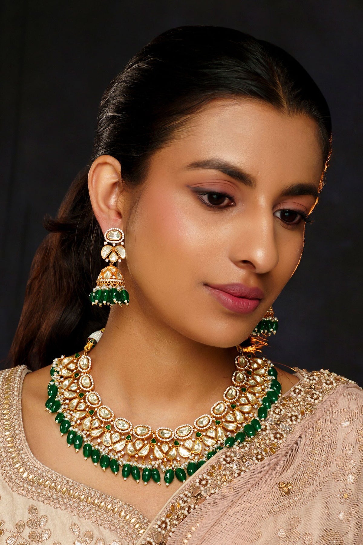 Moissanite Studded Floral Petal Necklace Set 