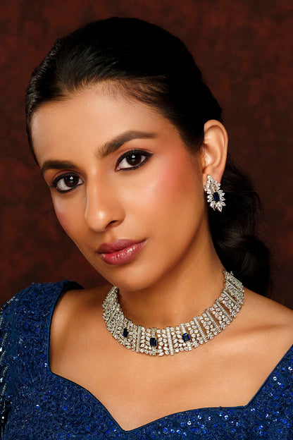 Geometric Cutwork Faux Diamond & Sapphire Choker Set 