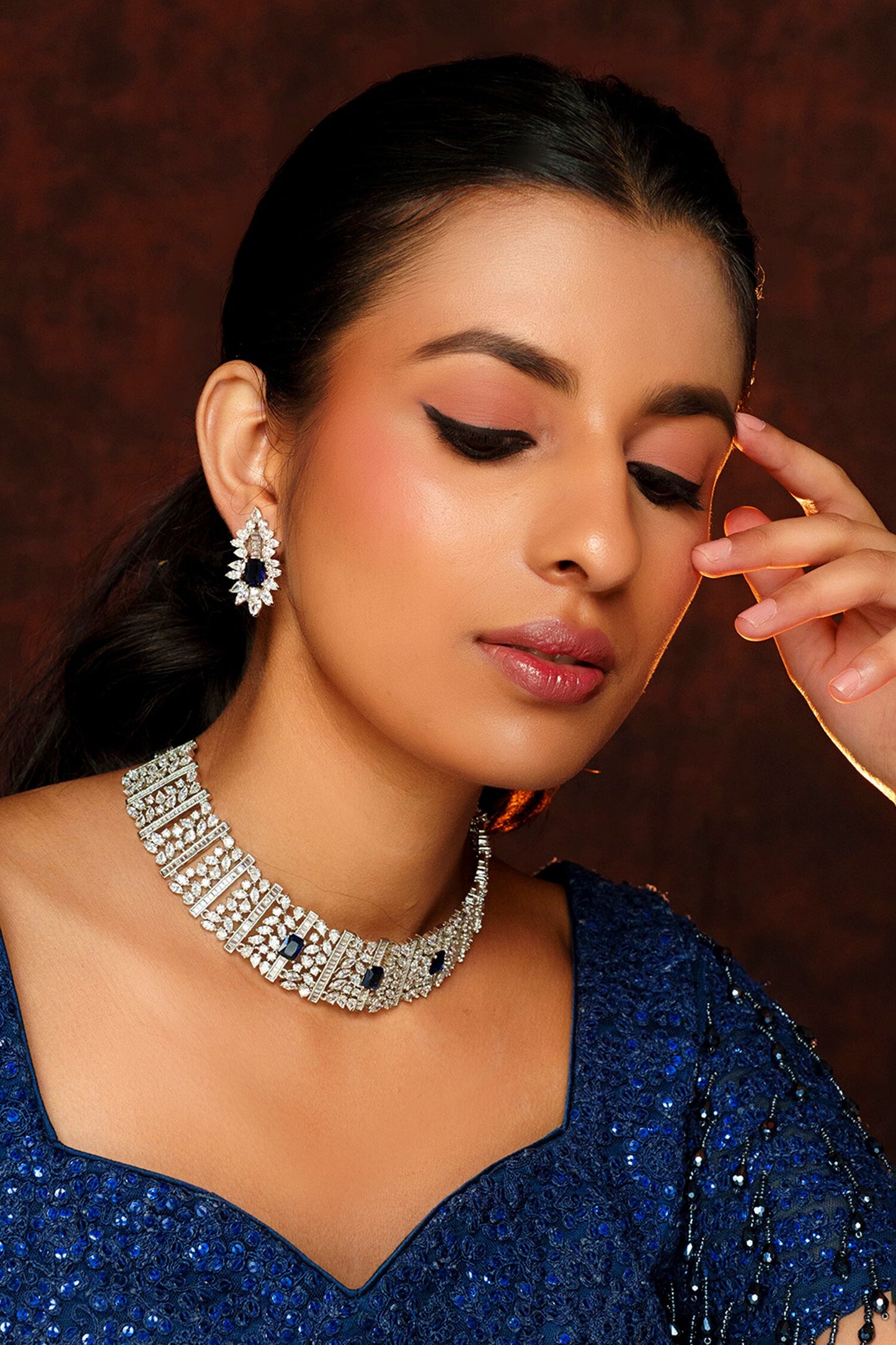 Geometric Cutwork Faux Diamond & Sapphire Choker Set 