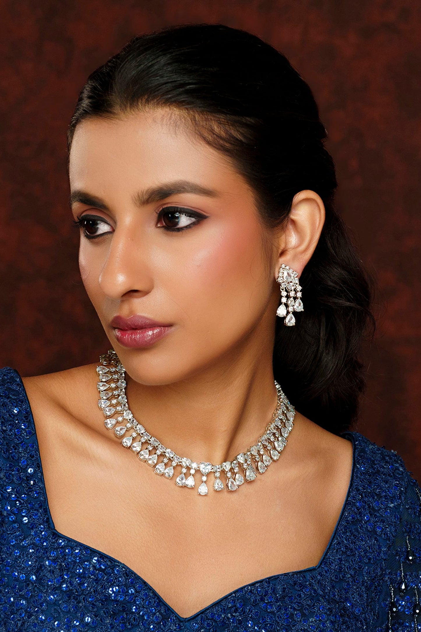 Diamond Geometric Drop Necklace Set 