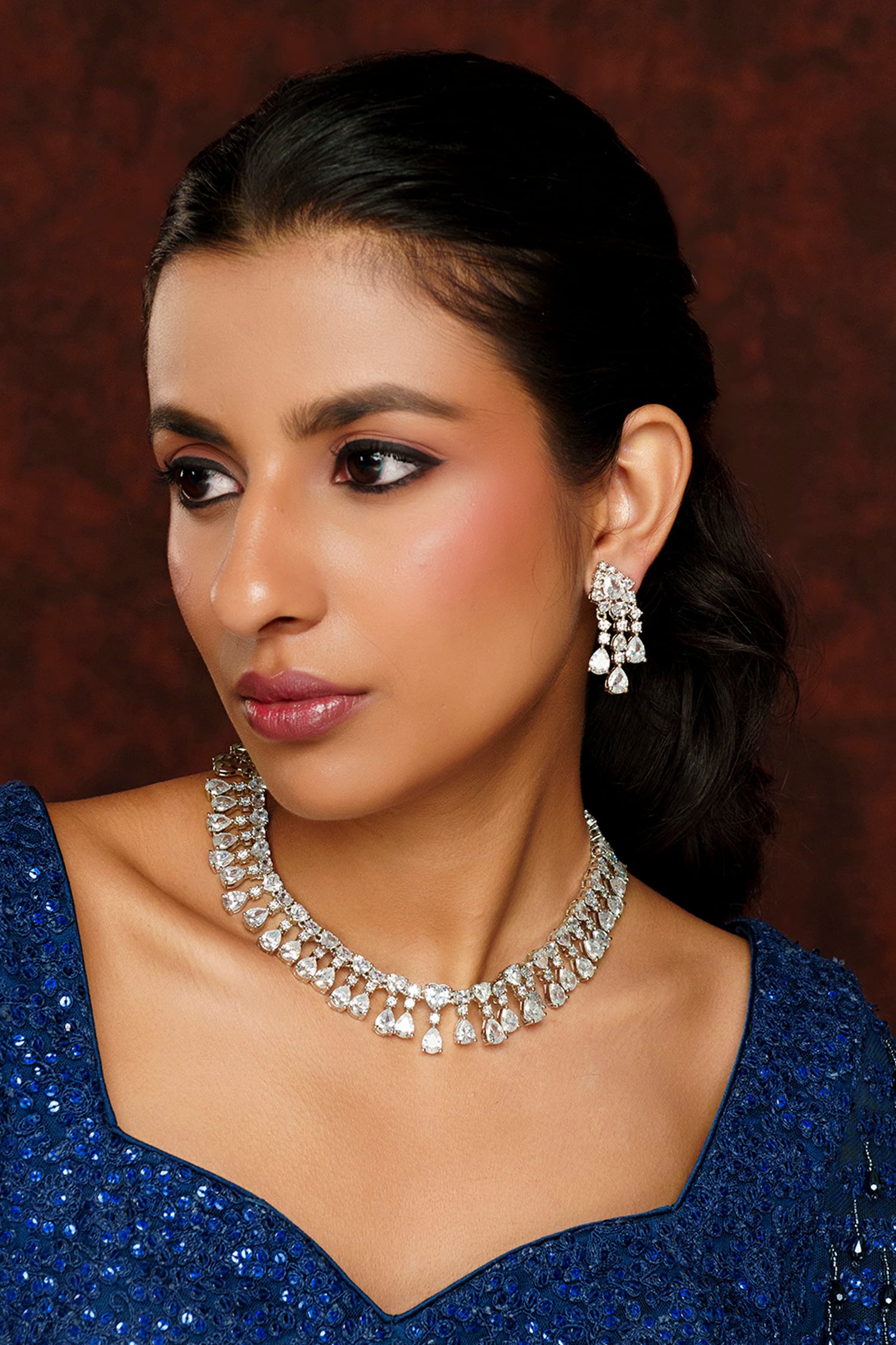 Diamond Geometric Drop Necklace Set 