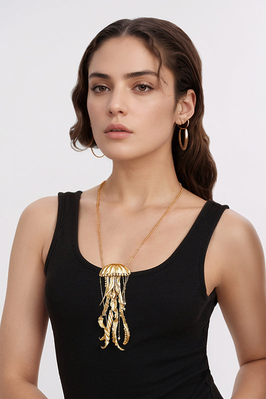 Jelly Fish Long Carved Pendant Necklace 