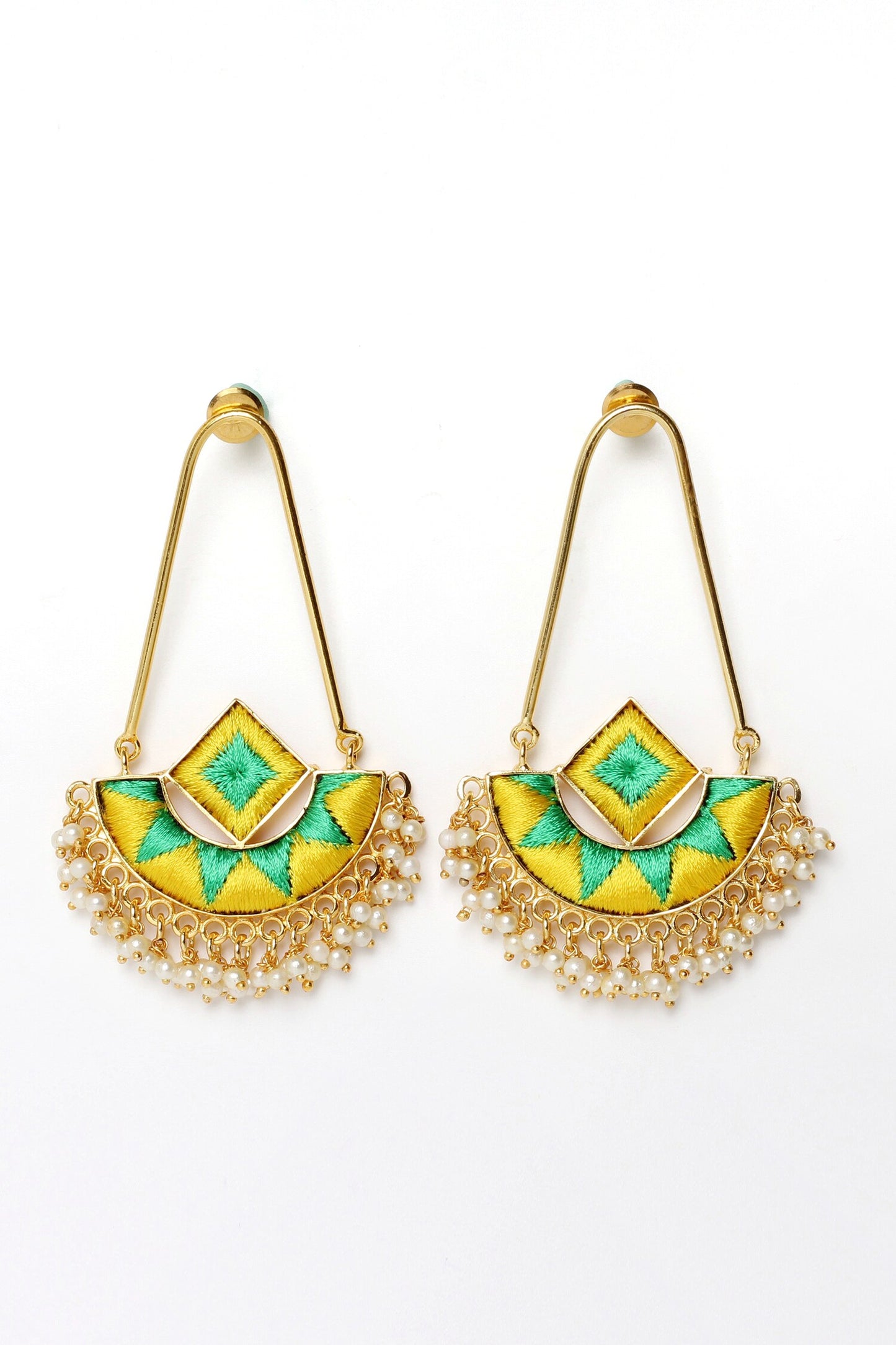 Embroidered Pearl Tassel Bali Drop Earrings 
