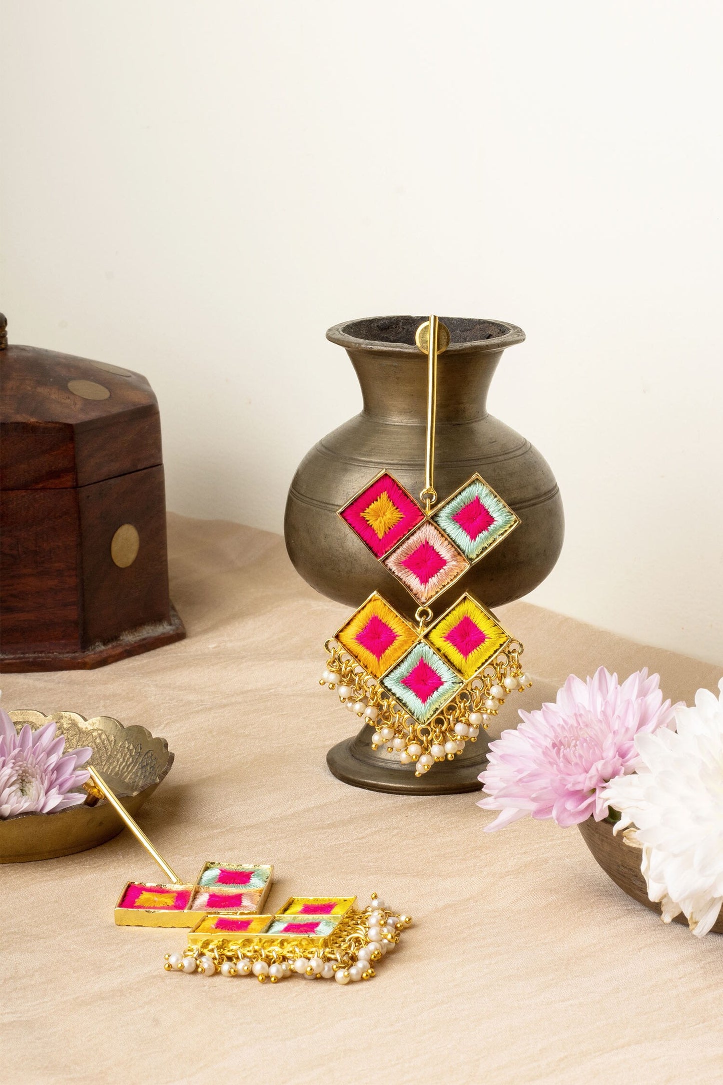 Multicolored Thread Embroidered Dangler Earrings 
