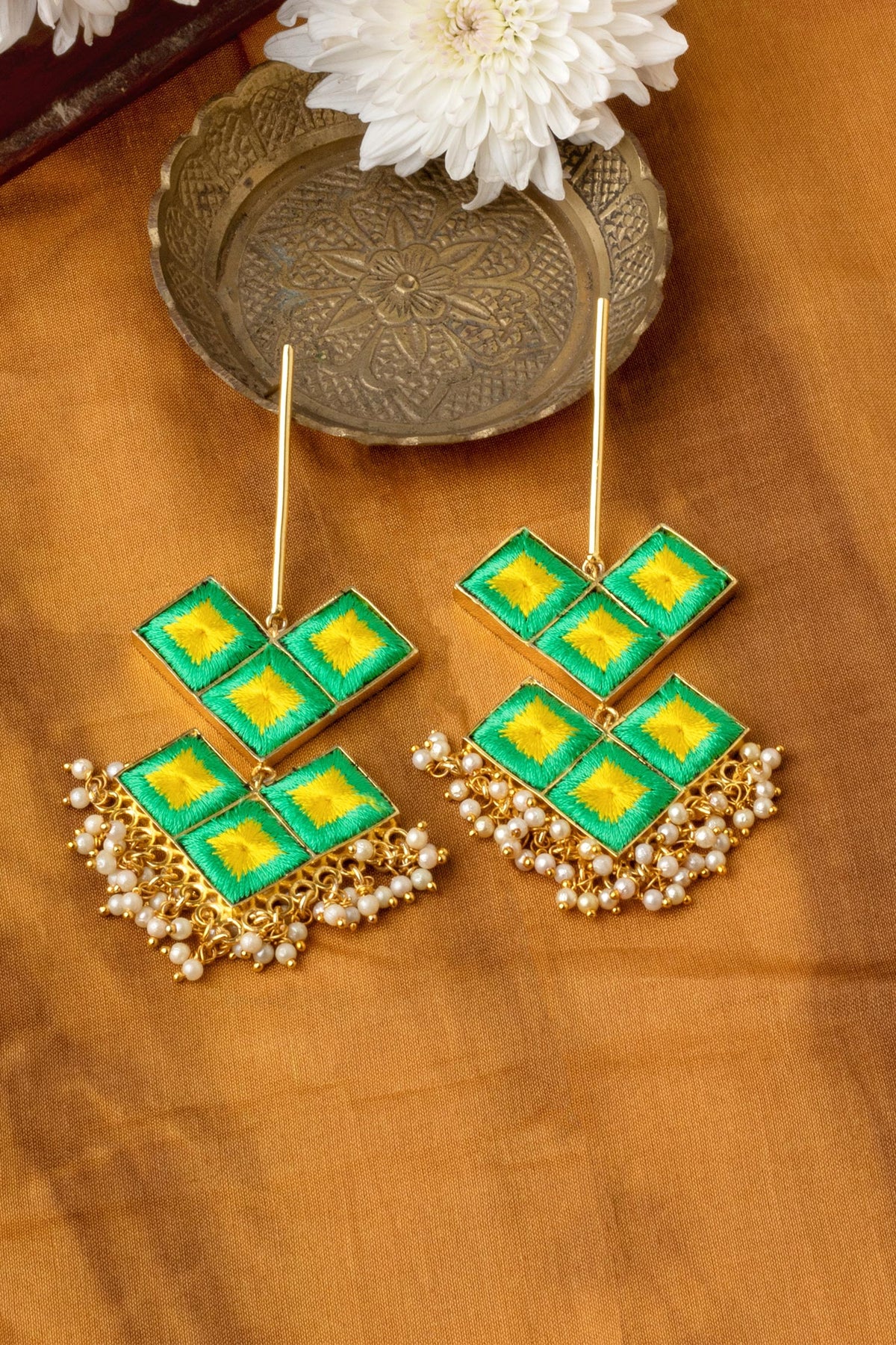 Lotus Embroidered Dangler Earrings 