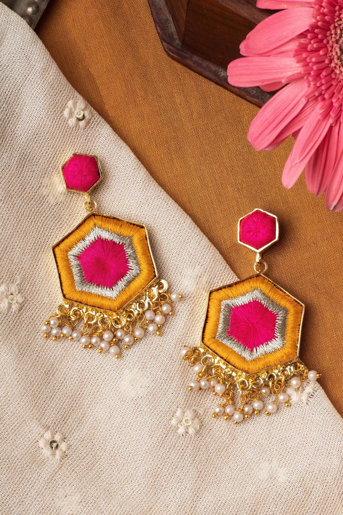 Butter Hibiscus Embroidered Geometric Earrings 