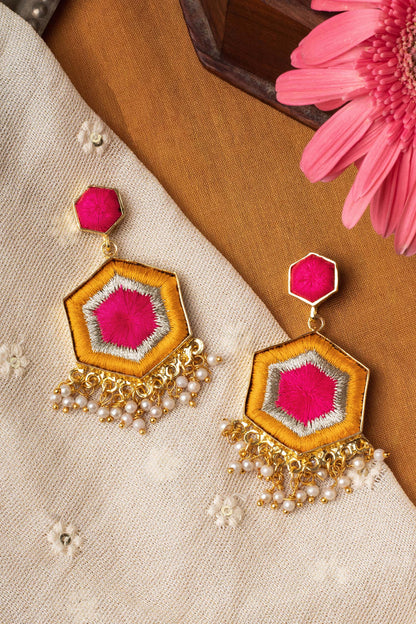 Butter Hibiscus Embroidered Geometric Earrings 