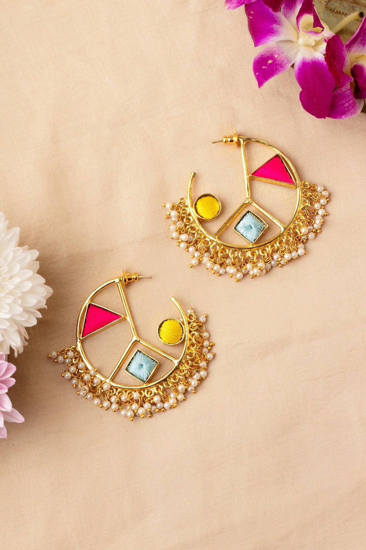 Vivid Orchid Embroidered Hoop Earrings 
