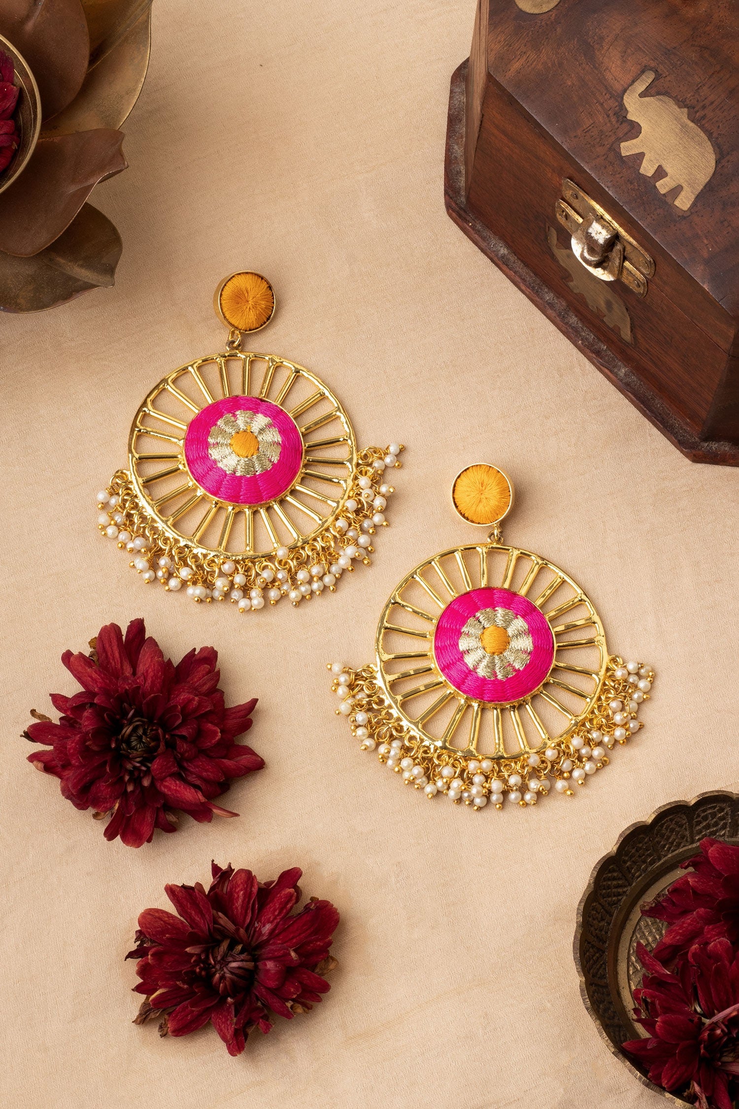 Hibiscus Thread Embroidered Circular Earrings 