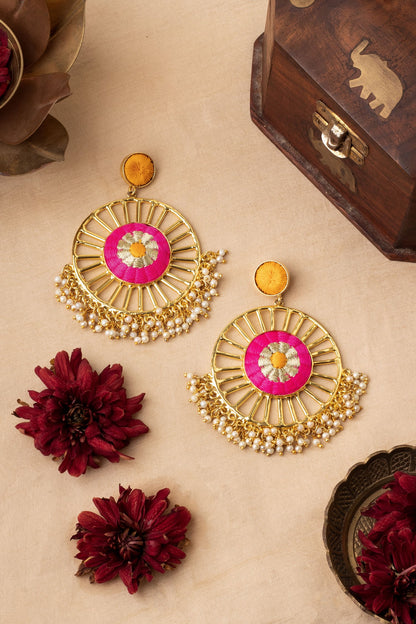 Hibiscus Thread Embroidered Circular Earrings 