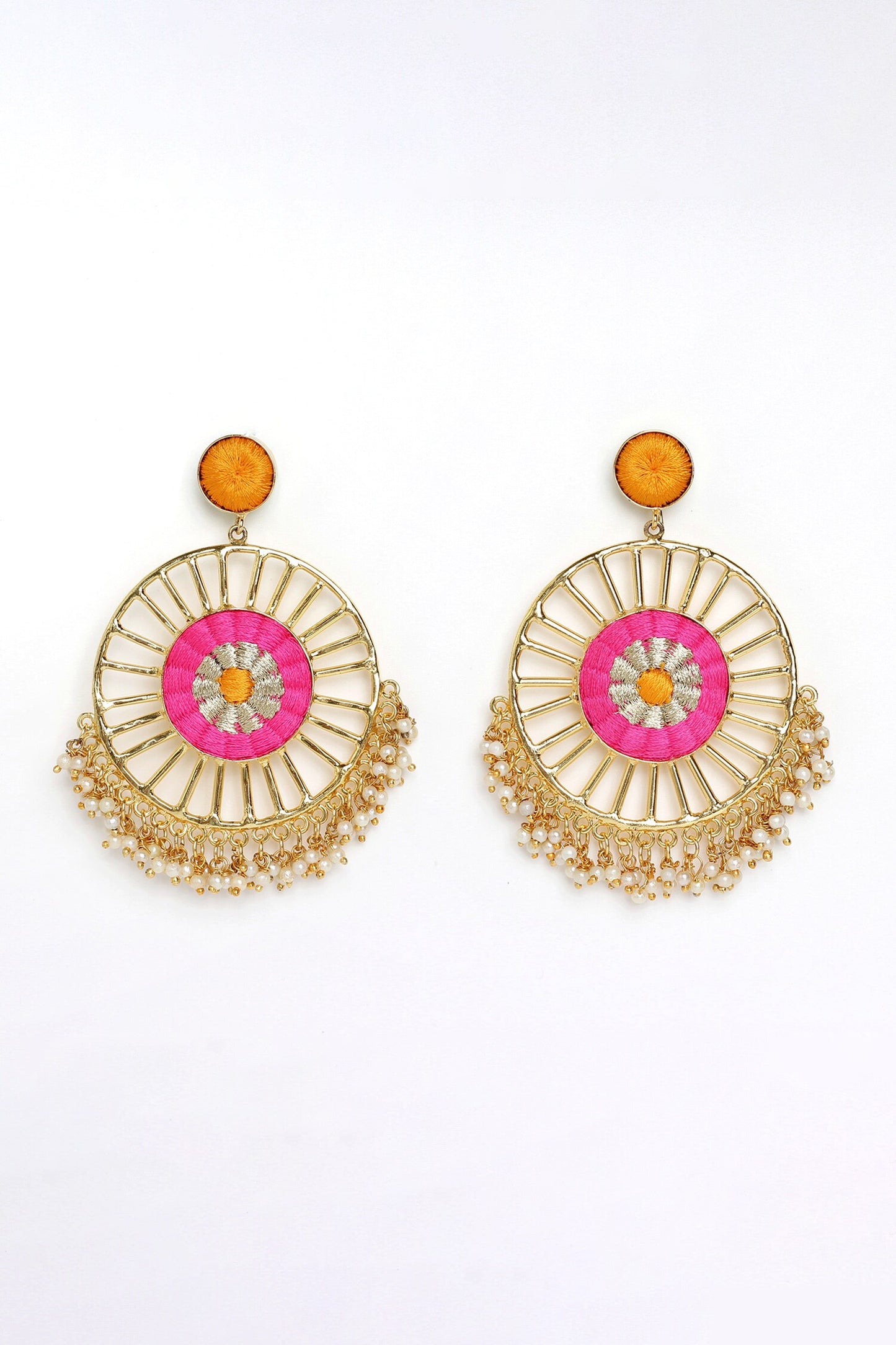 Hibiscus Thread Embroidered Circular Earrings 