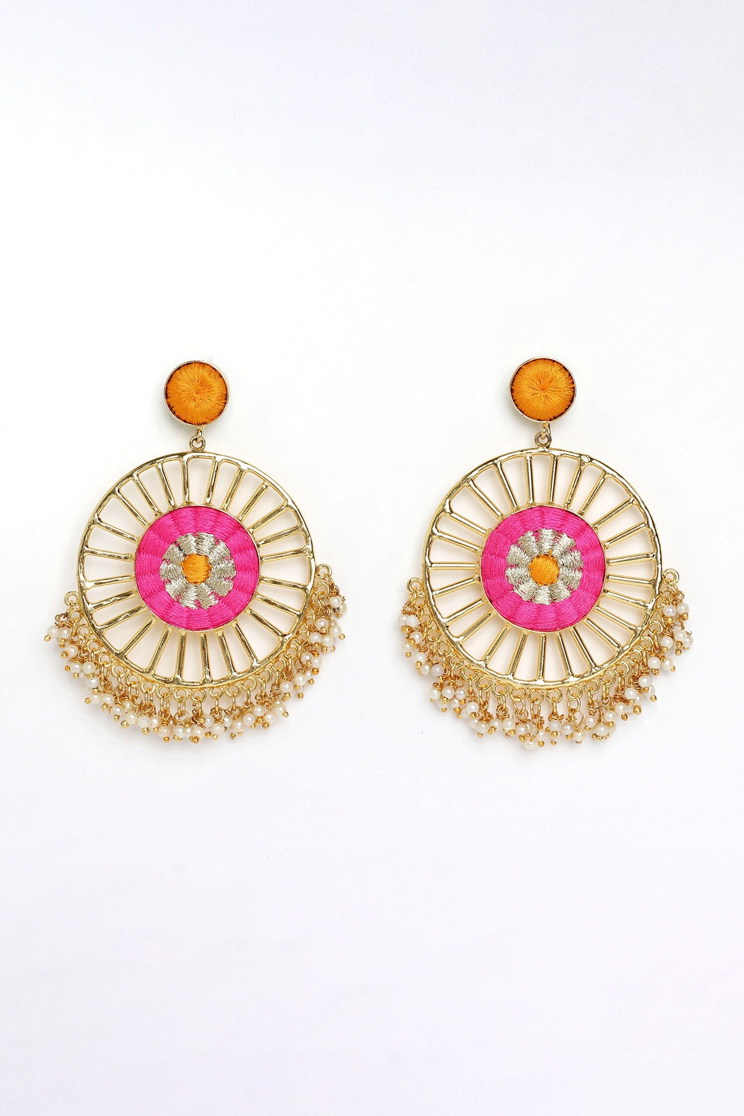 Hibiscus Thread Embroidered Circular Earrings 